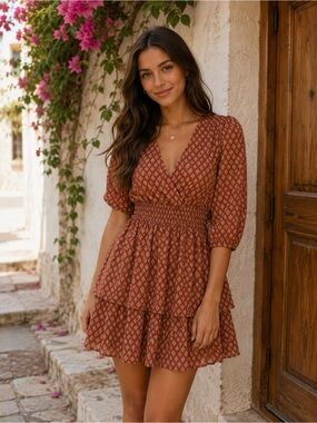 Mimi Chica Rust Printed Tiered Mini Dress